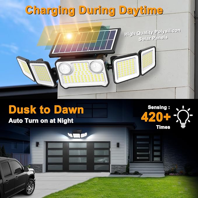 6000LM Solar Lights Outdoor, 5 Heads Solar Security Lights with Remote Control, IP65 Waterproof Motion Sensor Lights 3 Modes Flood Lights for Wall, Porch, Yard, Outside, 2 Pack