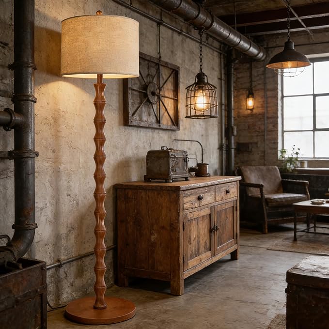 Vintage Floor Lamp for Living Room,Bedroom,Farmhouse Mid Century Standing Lamp with Remote,Dimmable Rustic Industrial Wood Tall Lamp Retro Floor Light Boho Bohemian