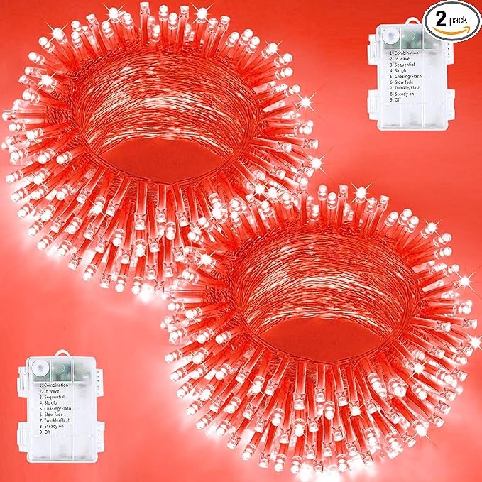 2 Pack Christmas String Lights Battery Operated with Timer, 66FT 200 LED Waterproof Twinkle Lights, 8 Modes Fairy Light for Indoor and Outdoor Bedroom Garland Tree Christmas Decorations (Red)