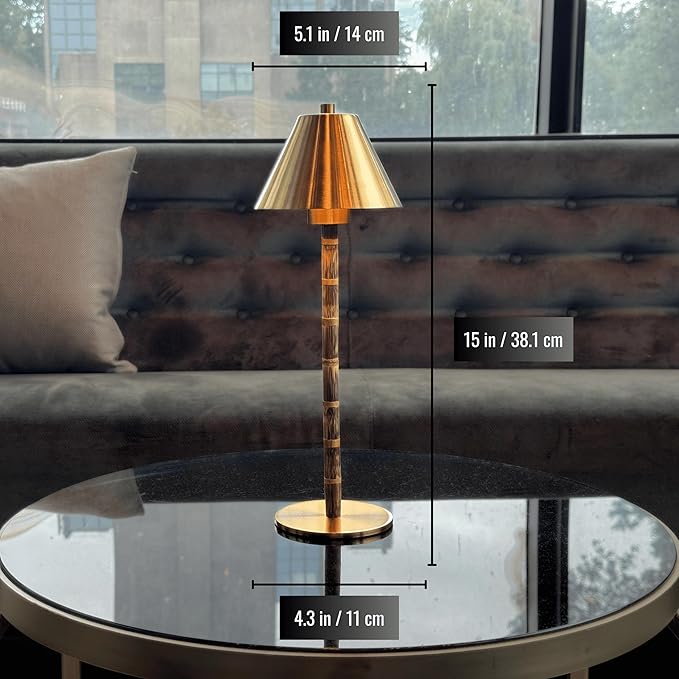 Bamboo Cordless LED Table Lamp – Rechargeable 24-Hour Battery, Dimmable Warm Light, 15" Portable Wireless Lamp with Remote for Indoor/Outdoor Use, Home, Patio, Restaurant – Polished Gold