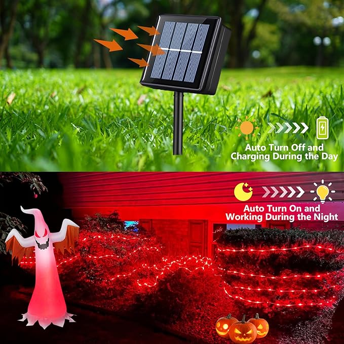 QITONG 4 Pack Red Solar Christmas Lights, Each 33ft 100 LED Christmas Fairy Light Outdoor Waterproof, 8 Modes Silver Wire Mini Twinkle Lights