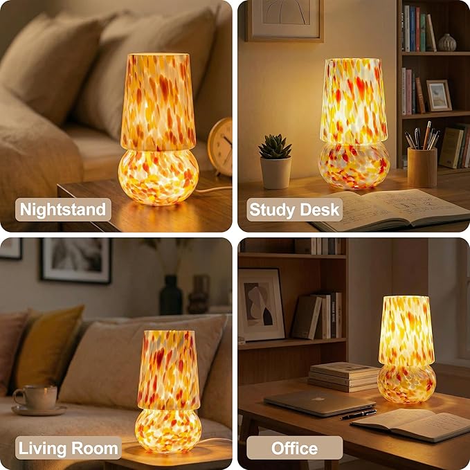 9.8 Inch Mushroom Table Lamp, UL Listed Dimmable Small Desk & Bedside Lamp with Woven Beige Cord, Handcrafted Pattern, Murano Home Decor for Bedroom, Living Room, Entryway (Pastel Confetti)