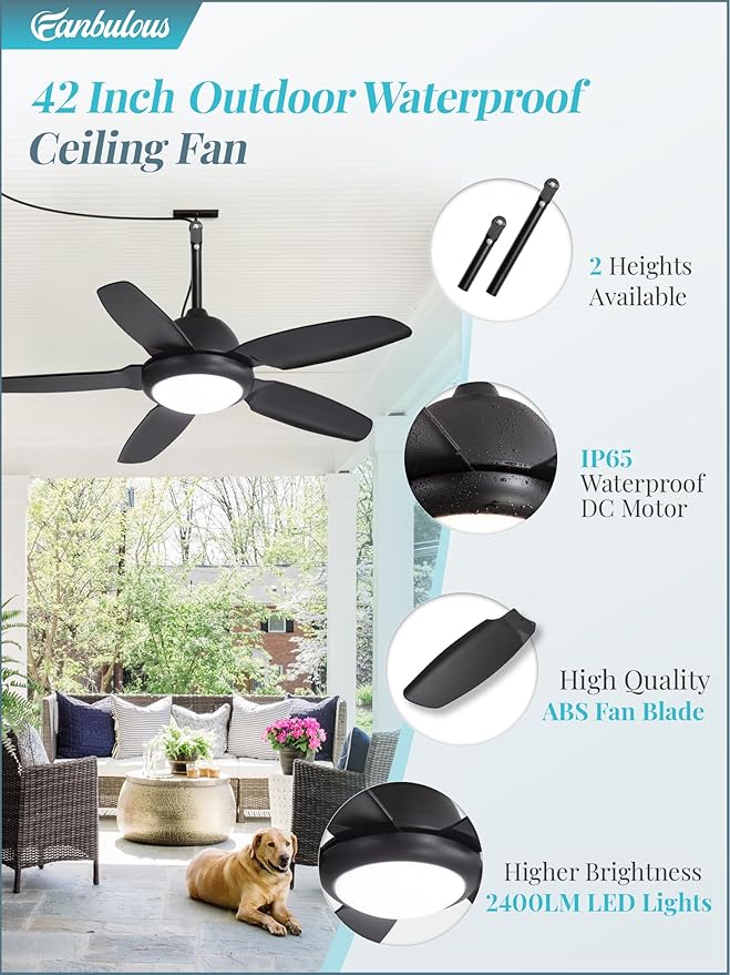 Fanbulous 42 Inch Waterproof Outdoor Ceiling Fan with Lights and Remote,IP65 Hanging Gazebo Fan with 3CCT 6-Speed DC Motor,Black Wet Rated Plug in Ceiling Fan with Cord for Patios Porch Pergola