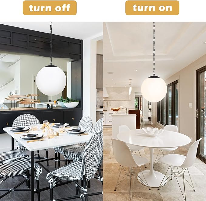 KoKo&Yukina 13.7" Black Globe Pendant Light Mid Century Pendant Light Milk Glass Pendant Lights Kitchen Island Adjustable Hanging Light Fixture for Dining Room Bedroom Kitchen Island