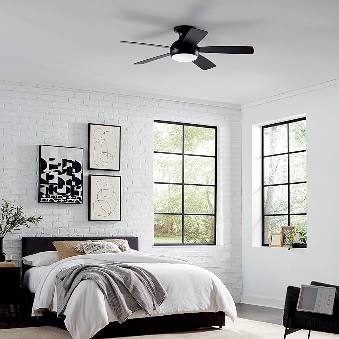 WAC Lighting F-035L-MB Odyssey Indoor or Outdoor Flushmount Smart Compatible Ceiling Fan with Remote Control 52in Blade Span Matte Black 3000K Warm White LED