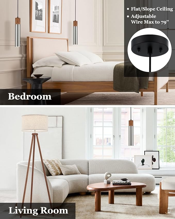 ELYONA 3 Pack Modern LED Pendant Light Fixtures, Brushed Nickel Metal with Wood Grain, 13.8" Mid Century Hanging Pendant Lights with GU10 Bulbs for Kitchen Island Dining Room Bedroom Adjustable Height