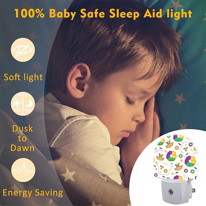 Mardi Gras Carnival Night Light Plug into Wall,Fleur de Lis Mask and Donuts Dusk to Dawn Night Light Plug in,0.5w Energy Saving Sleep Friendly NightLight for Kids Boys Girls Home Decor