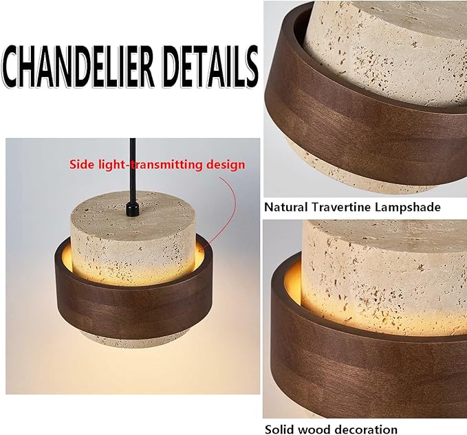 Nordic Natural Travertine Pendant Light Wabi-sabi Stone Chandelier Retro Industry Hanging Ceiling Lamp for Bedroom Bedside Study Dining Table Lighting (Natural)