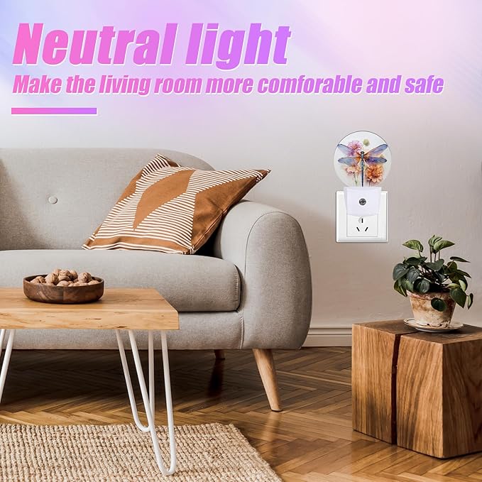 Dragonfly Night Light Watercolor Floral Night Lights LED Lamp Round Plug into Wall Nightlight with Dusk to Dawn Sensor Home Hallway Stairway Kitchen Decor