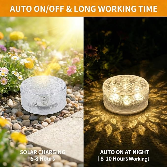 Solar Brick Lights Outdoor Waterproof - Recessed Solar Paver Lights, Ice Brick Design, No Wiring Needed,Landscape Lighting for Pathway,Garden, Patio, Yard, Driveway Decor (8, Warm White, Round)