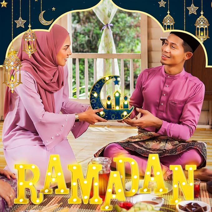 8 Pcs Ramadan Decorations Ramadan LED Letter Lights Sign Battery Powered Light up with Mirror Surface Table Decor Hanging Decorations for Party Club Restaurant Indoor Outdoor Wall Decor