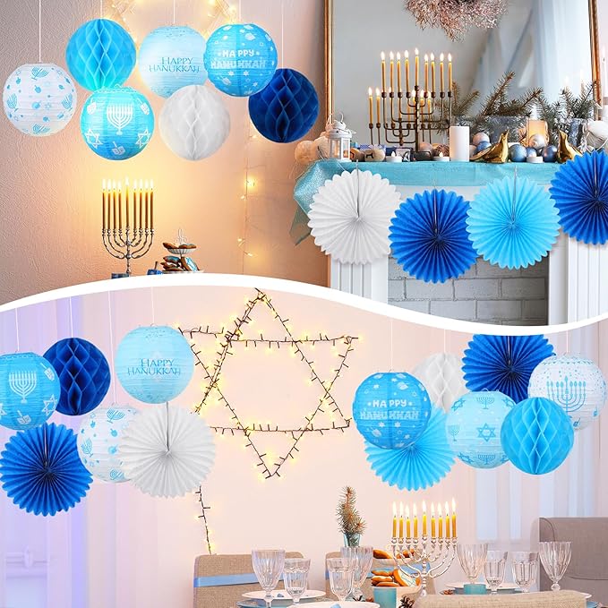 Retisee 18 Pcs Hanukkah Party Decoration Happy Hanukkah Paper Lanterns with Candlestick Dreidel Blue White Hanging Paper Fans Honeycomb Balls Chanukah Home Ornament for Jewish Party Decor