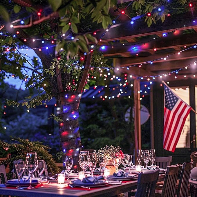 JMEXSUSS 2 Pack Solar String Lights Outdoor Waterproof, Total 400 LED 151FT Solar Christmas Lights Outdoor, 8 Modes Christmas Light for Outside Patio Yard Tree Decorations, Red White and Blue