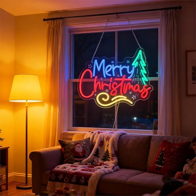Christmas Neon Sign, Green Tree Shape with 'Merry Christmas' Lettering, LED Holiday Decoration for Indoor Home Wall/Tabletop