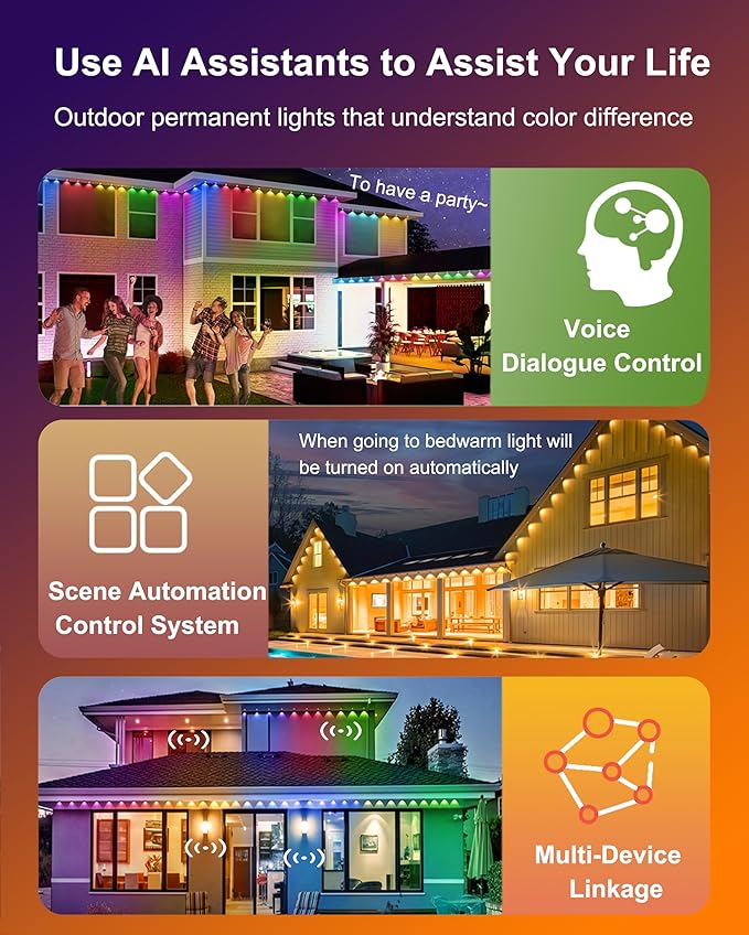 100ft Permanent Outdoor Smart Lights Pro with 60 RGBCW+IC LEDs & WiFi/Alexa Control, IP68 Waterproof Christmas Lights Outdoor Year-Round Lighting 108 Scene Modes for Daily, Halloween Décor