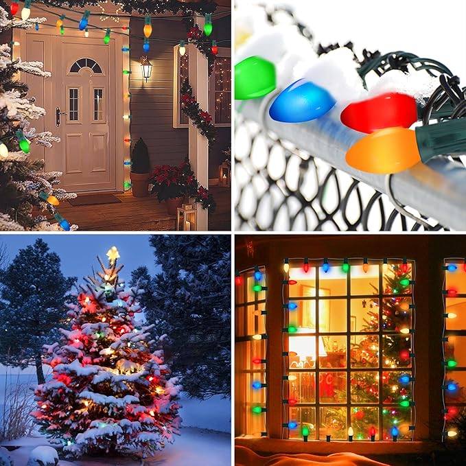 C7 LED Multicolor Christmas Lights Outdoor, 25Ft Vintage Christmas Lights String With 27 LED Ceramic Bulbs (2 Spare Bulbs), Hanging Light for Indoor Outdoor Xmas Tree Home Yard Party Decor, Green Wire