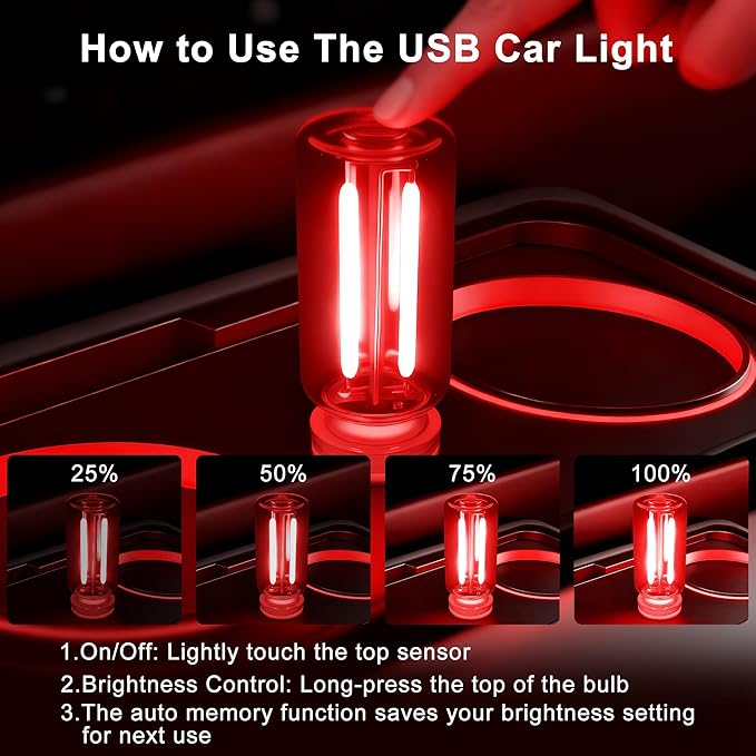 Car USB Night Light Touch Dimmable - 1-Pack Retro LED Filament Lamp for Truck Interior, Bedroom & Camping | Glass Bottle Ambiance Lighting (Red)