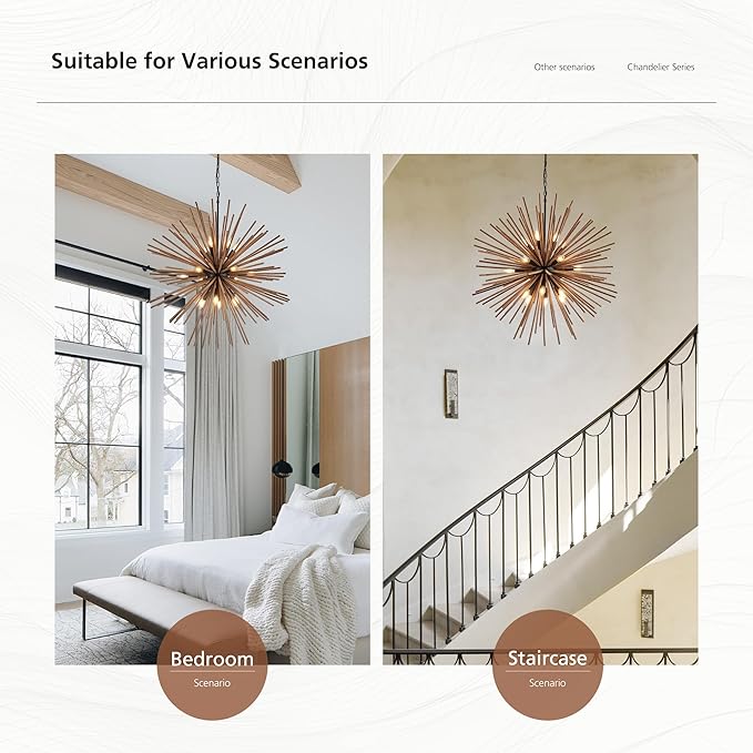 37.4" Farmhouse Sputnik Chandelier for Dining Room Rustic Handmade Natural Wood 18-Light Hanging Ceiling Pendant Light Fixture Starburst Wood Chandeliers for Kitchen Bedroom Foyer Hallway
