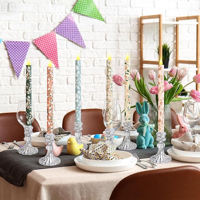 Honoson 6 Pcs Easter Flameless Taper Candles 10.6 Inch Spring Flower Candles Battery Operated LED Candlesticks for Easter Dinner Table Home Party Decor