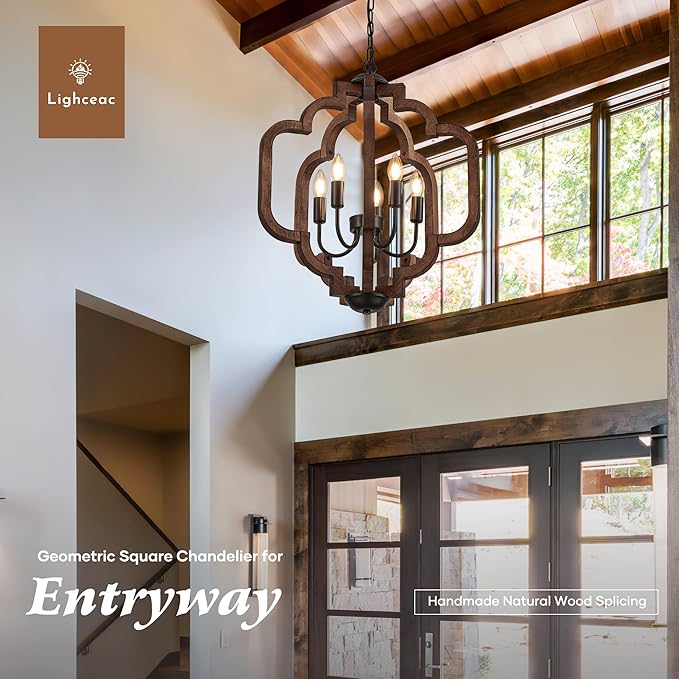 20.5" Farmhouse Vintage Chandelier 5-Light for Dining Room Rustic Handmade Wood Hanging Ceiling Pendant Light Fixture for Entryway Brown Retro Chandeliers for Kitchen Bedroom Foyer Hallway