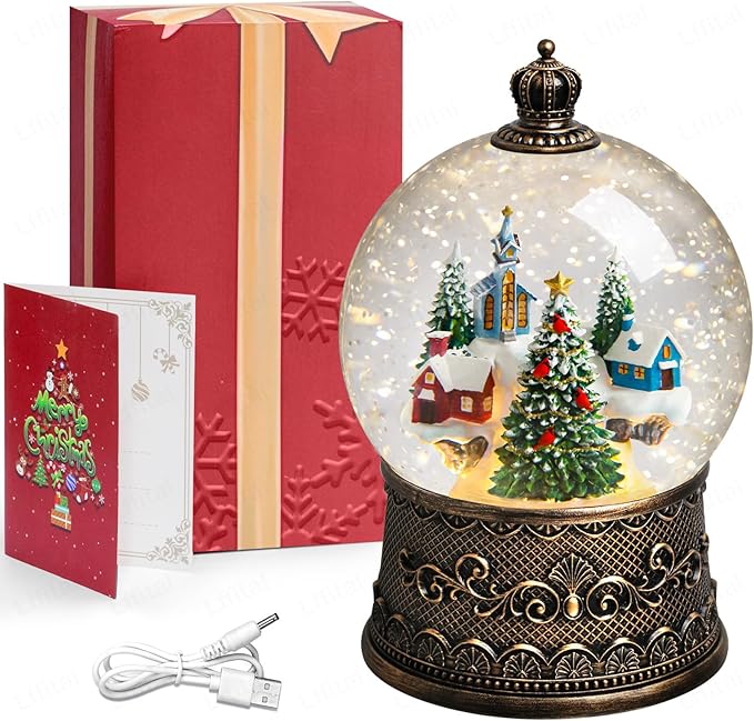 Christmas Snow Globes Village Snow Globe Lantern, Lighted Christmas Decorations Indoor for Home with Music Timer Glitter, Mountain Church, Musical Festival Gifts, USB & Battery Operated