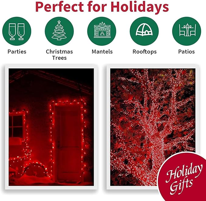 LAMPHOME 300 LED Red String Lights 99ft, 16 Modes Plug in Fairy Lights, Waterproof Clear Wire Starry Lights for Valentine's Day, Wedding, Mother's Day, Christmas Indoor Outdoor Decor