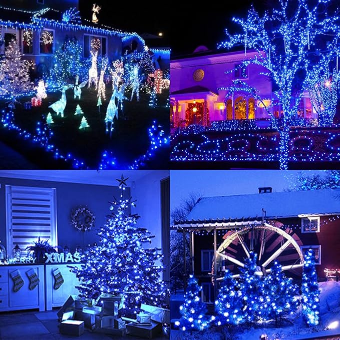 LAMPHOME Blue Christmas Mini Lights, 32.5FT 100 LED Clear Bulbs String Lights with 16 Light Modes, Fairy Lights Plug in for Outdoor Xmas Trees Garland Wreath Holiday Decorations