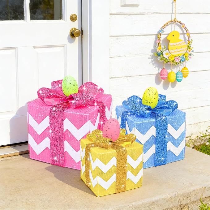 Timer & 8 Mode 3 Pack Easter Decorations, Pink Blue Yellow Easter Lighted Gift Boxes with Eggs Glitter Bow 60 LED Battery Operated Present Box, Easter Decor Spring Party Indoor Outdoor Home