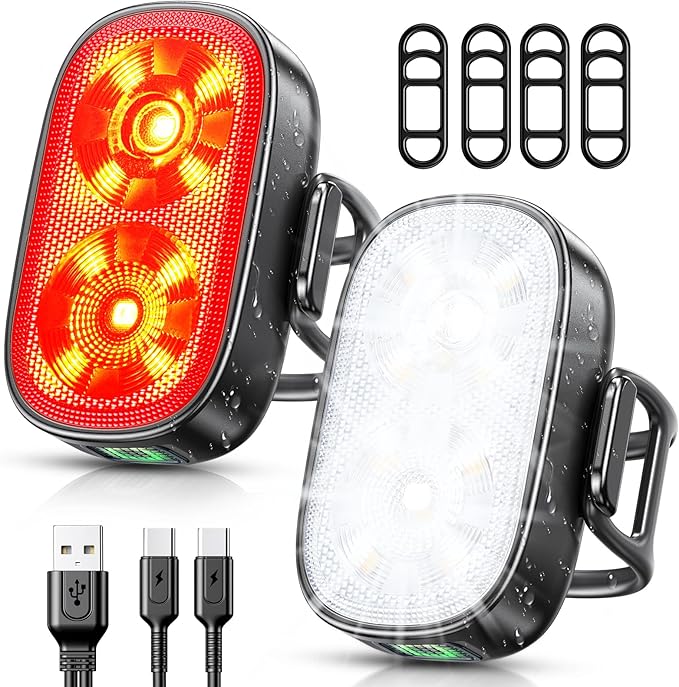 Bike Lights, Ultra-Slim USB-C Rechargeable Bike Lights Front and Back, 5+6 Lighting Modes & IP65 Waterproof, Super Bright Bicycle Light Set for Road Mountain Night Riding Cycling