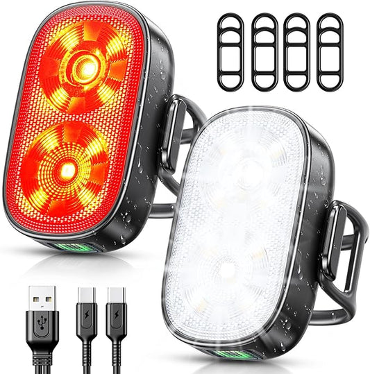 Bike Lights, Ultra-Slim USB-C Rechargeable Bike Lights Front and Back, 5+6 Lighting Modes & IP65 Waterproof, Super Bright Bicycle Light Set for Road Mountain Night Riding Cycling