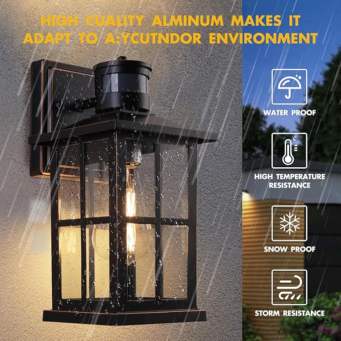 2 Pack Outdoor Motion Sensor Porch Light, Black Exterior Wall Lantern Lighting Fixtures,Dusk to Dawn Outdoor Wall Lights, Waterproof Front Porch Light Outside for Garage, Patio,House.