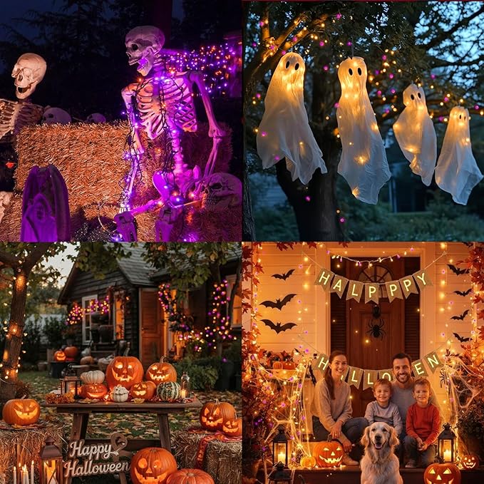 LAMPHOME Orange Purple Halloween String Lights Outdoor, 32.5FT 100 LED Waterproof Christmas Lights with 16 Lighting Modes for Halloween Garden Party Christmas Xmas Tree Lights Decor