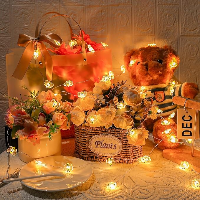 Bee Decor String Lights 10Ft 30 LEDs Battery Operated Bee Bumble Whimsical Decorations Spring Decor Honey Gifts for DIY, Home, Classroom, Birthday, Kids Room, Garden, Wedding, Party