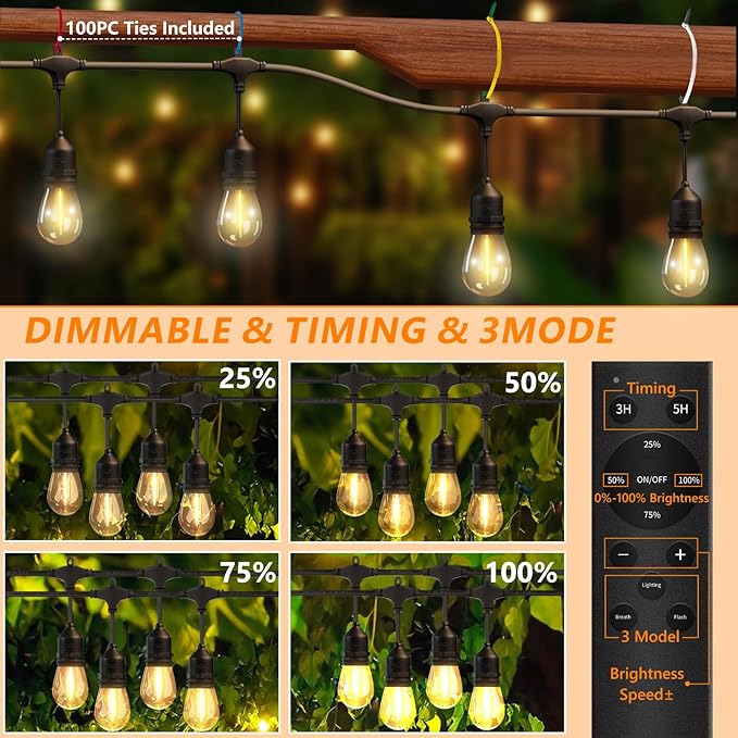 100FT LED Outdoor String Lights with 60+4 Waterproof Bulbs(1.5FT Bulbs Spacing), Remote & Dimmer, Commercial Grade Patio Lights with 3 Mode Light & Timing, 100PC Ties
