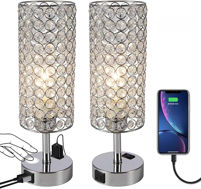 Crystal Table Lamp Set of Two Chrome Dimmable USB Charging Touch Control Bedside Lamps for Night Stands Bedroom Living Room (Bulb Included)