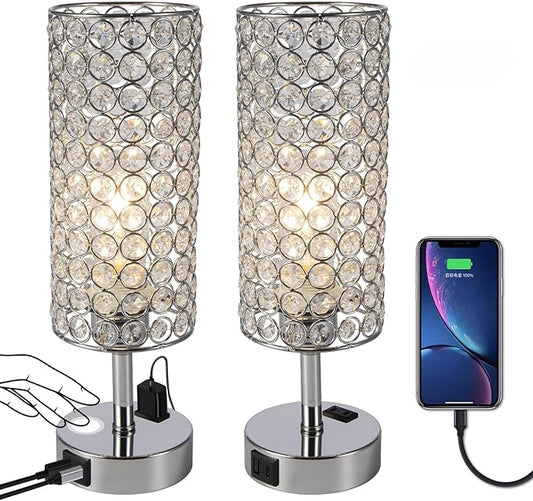 Crystal Table Lamp Set of Two Chrome Dimmable USB Charging Touch Control Bedside Lamps for Night Stands Bedroom Living Room (Bulb Included)