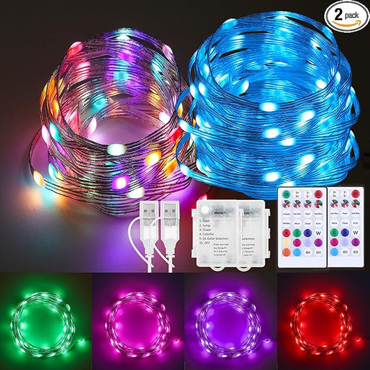 2 Pack Fairy Lights Battery Operated Color Changing String Lights with Remote, 16.4FT Twinkle Lights USB Plug or Battery Powered, Outdoor Christmas Decorations for Bedroom Wedding Party Indoor