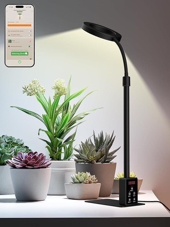 Smart Grow Lights for Indoor Plants, Plant Light with Auto-Timer, Full Spectrum LED Grow Light, Adjustable Height & Stepless Dimming,Plant Assistant Suitable for Most Plants (Black, 12W)