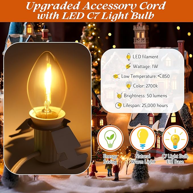 Meonum Accessory Cord with LED C7 Light Bulbs,Christmas Village Indoor Blow Mold Light Cord with Female Plug, Rotary On/Off,for Halloween Pumpkin,Holiday Craft Projects Decoration(51 ft,30 Packs)