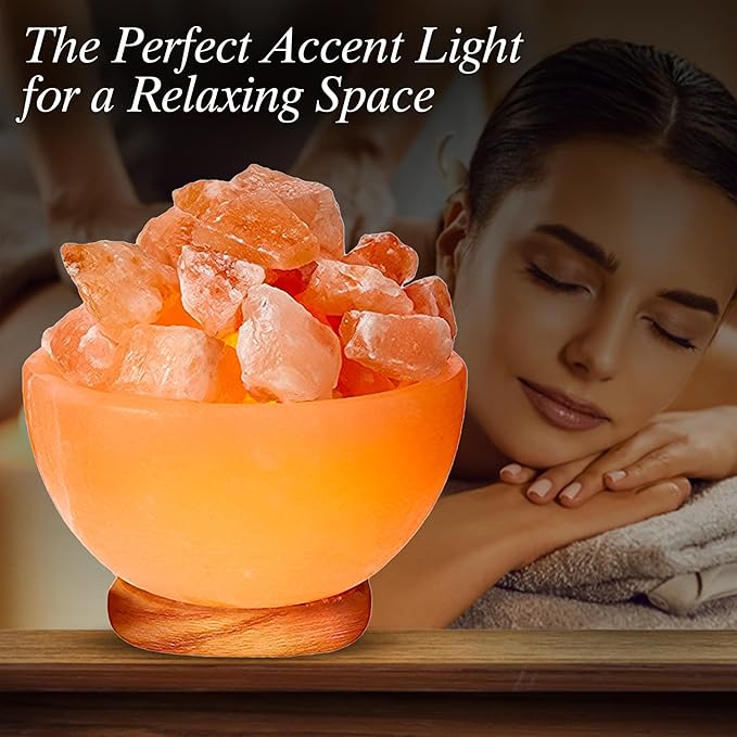 Himalayan Glow Natural Pink Salt Lamp Bowl with Crystal Chunks | Hand-Carved Himalayan Salt Lamp for Air Purification & Calming Ambiance | Home & Office Décor