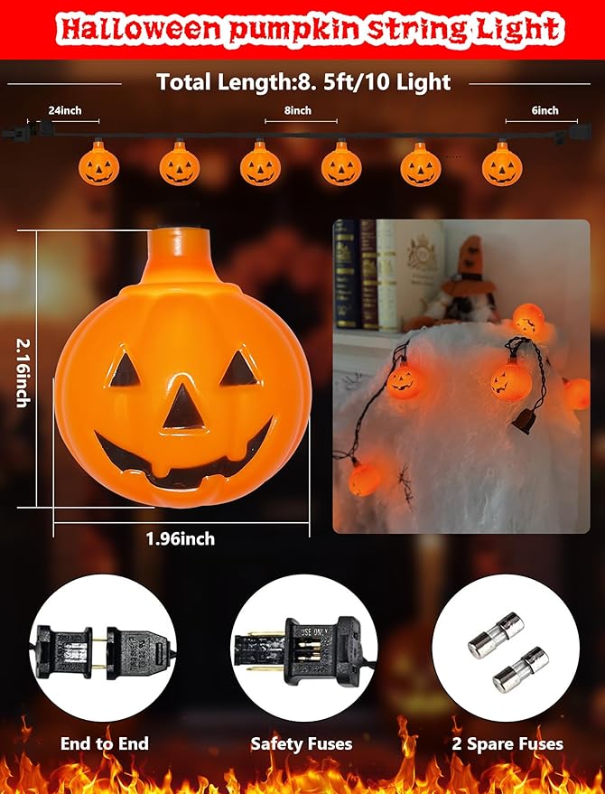 Halloween Outdoor Pumpkin Lights,10 LED Pumpkin String Light 8.5ft Waterproof Orange Jack-O-Lantern Lighted Pumpkins for Indoor Outdoor Home Bedroom Camper Decor Party Decorations