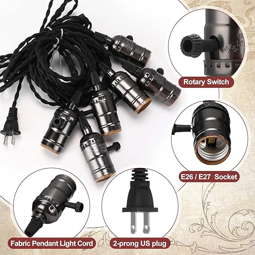 1 Pcs Vintage Pendant Light Sockets Light Cord Kit with Switches DIY Bulb Socket with Cord for E26 E27 Lamp Socket Lantern Bedroom Living Room Decor (1 Plug with 6 Sockets,Black)