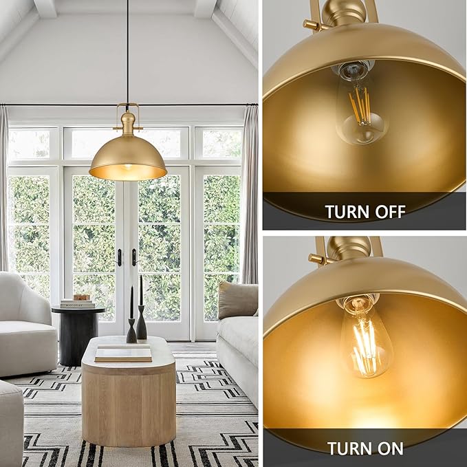 12 Inch Gold Farmhouse Pendant Lights Matte Pendant Lights for Kitchen Island Industrial Adjustable Height Vintage Dome Hanging Light Fixtures for Barn, Dining Room 2 Packs