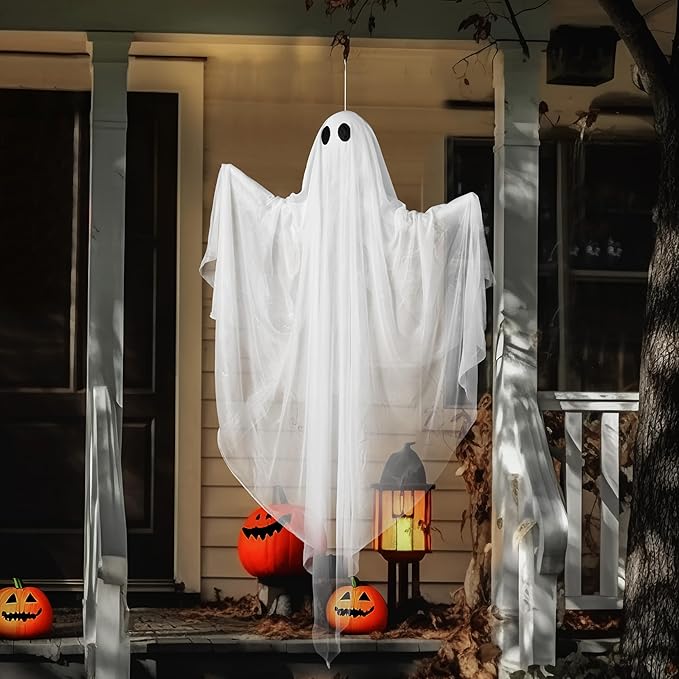 JOYIN Halloween Hanging Light up Ghost with Spooky Blue LED Light, 47” White Ghosts Halloween Hanging Decoration for Front Yard Patio Lawn Garden Party Decor Indoor Outdoor