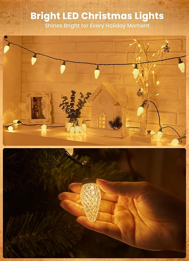 C9 LED Christmas Lights Outdoor, 81 Feet 100 LED String Light with Timer & 8 Lighting Mode, Waterproof Commercial Grade Christmas Tree Lights for Outside Indoor Roofline Patio, Warm White|2 Pack