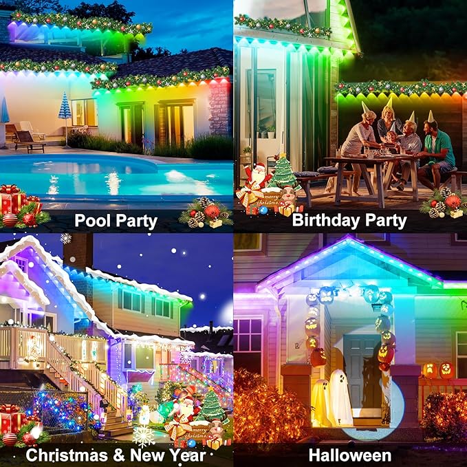 MUCCCUTE Permanent Outdoor Lights for Easter100ft RGB + IC Eaves Lights with App & Remote Control, Outdoor String LED IP67 Waterproof for Holidays New Year July 4th Roof Eaves House Garden Decor