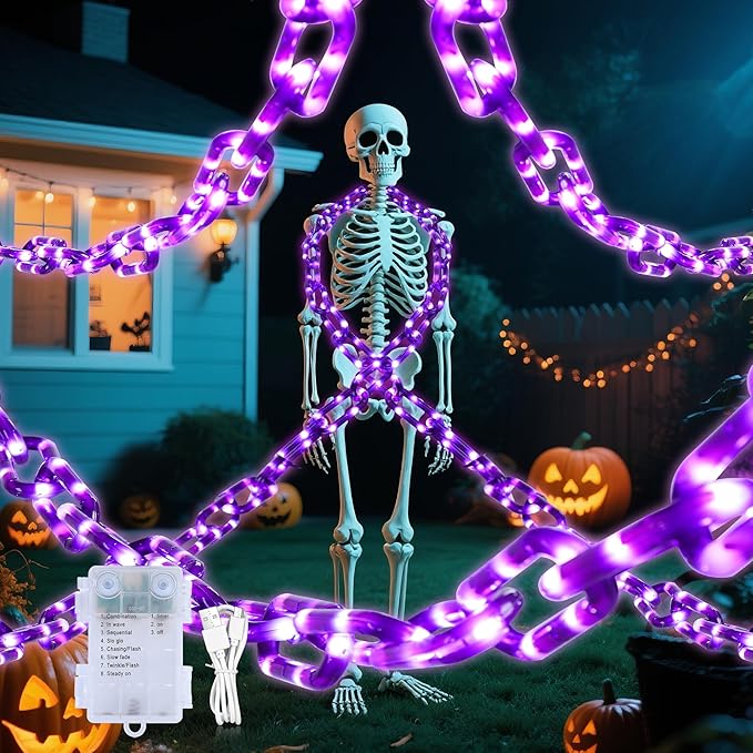 woohaha Halloween Decorations Plastic Chain Lights，10.5FT 175LED Purple Battery/USB Props Chains String Lights,8 Modes and Timer for Outdoor Halloween Party Creepy Cosplay Spooky Ornaments
