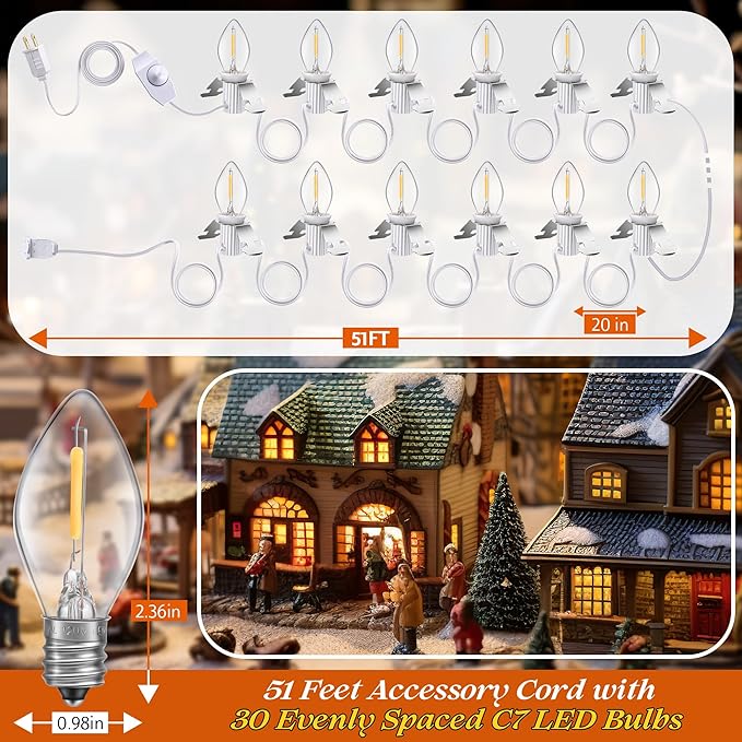 Meonum Accessory Cord with LED C7 Light Bulbs,Christmas Village Indoor Blow Mold Light Cord with Female Plug, Rotary On/Off,for Halloween Pumpkin,Holiday Craft Projects Decoration(51 ft,30 Packs)