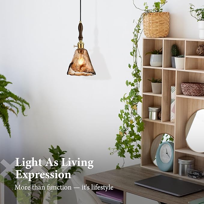 Modern Amber Glass Pendant Light, 6"x11.5" Floral Bell-Shaped Hanging Light with Wood Handle & Brass Cap, 15"-72" Adjustable Line, E26 Socket – Golden Amber Morning Glory