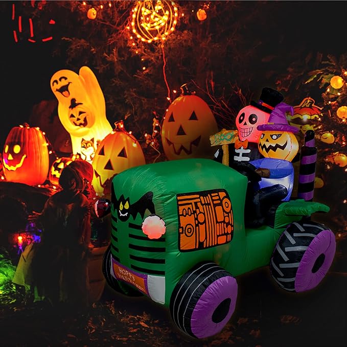 5.5Ft Long Halloween Inflatable Ghost Tractor Decoration with LED Lights Halloween Blow up Car Outdoor Indoor Holiday Decorations Yard Decor Giant Lawn Inflatable Garden Party Decoration